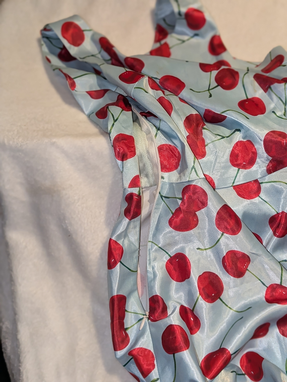 Cherry-Print Midi Dress in Light Blue and Red